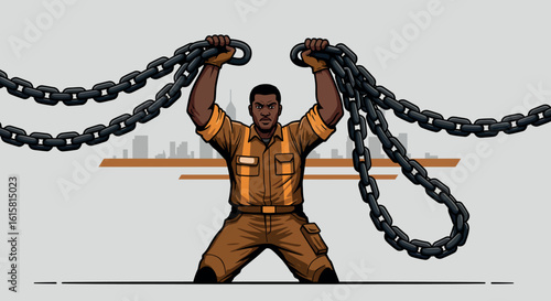 Powerful worker breaking free from chains with city skyline in background