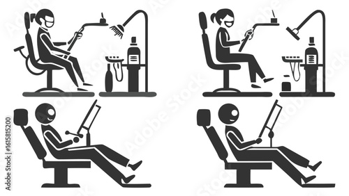 Pictorial Representation of Dentist and Patient Dental Care Scenarios in Different Chair Positions and Office Settings With Equipment