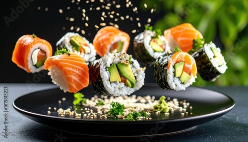 Flying Sushi Rolls with Salmon with Avocado, Plate, and Sesame Seeds.