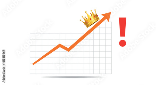 Crowning success: growth chart with arrow and exclamation point symbolizing achievement