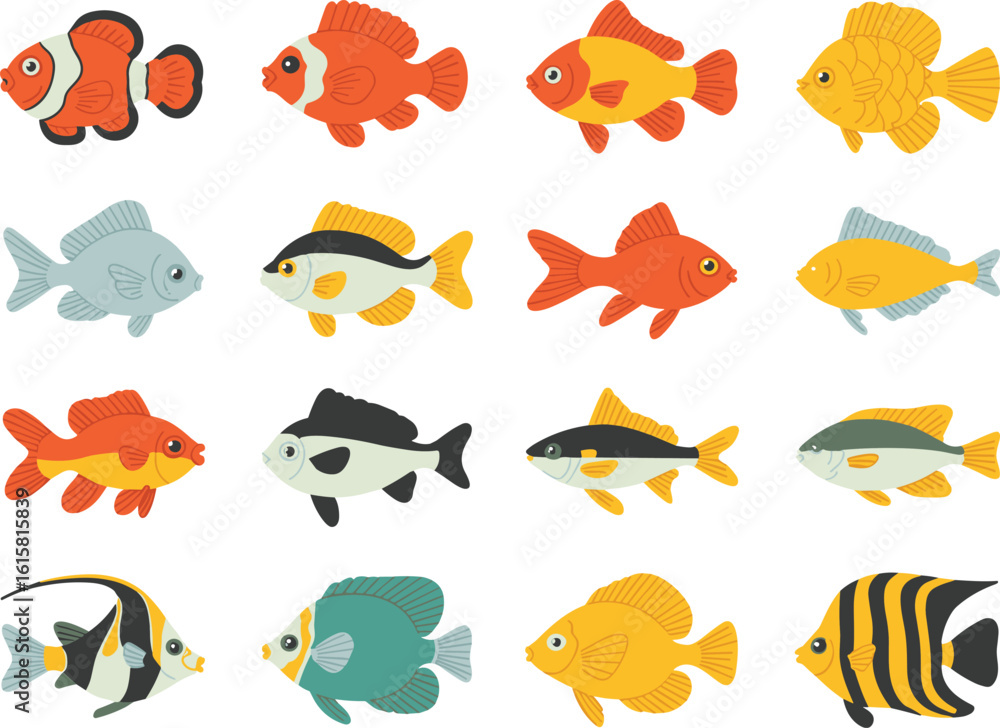 Fototapeta premium Colorful Cartoon Fish Collection on White Background