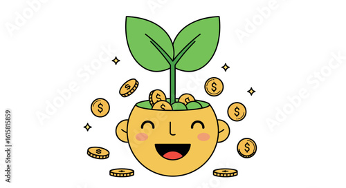 Happy investment growth: money plant sprouting from smiling head