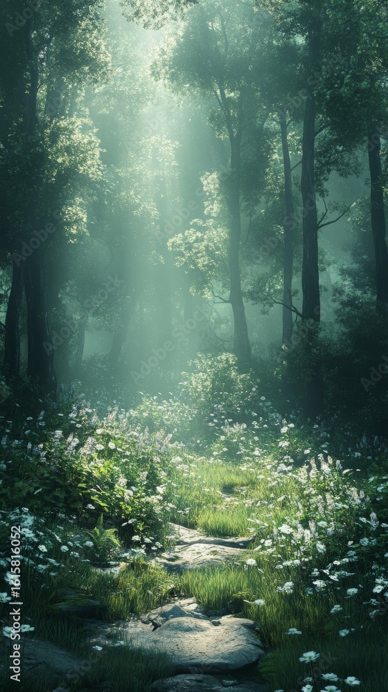 Obraz premium Walking Path Through a Mystical Forest with Sunbeams