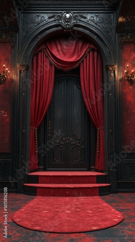 Elaborate Dark Doorway with Red Carpet and Drapes