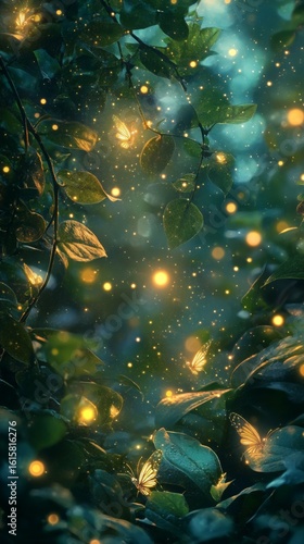 Butterflies Glowing in Enchanted Forest with Sparkling Lights