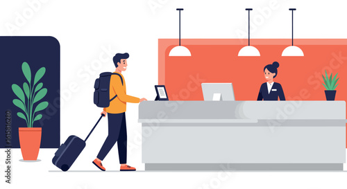 Traveler checking into hotel: modern flat design reception desk scene