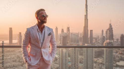 young crypto millionaire in white suit standing in front of skyline in dubai uae at sunset