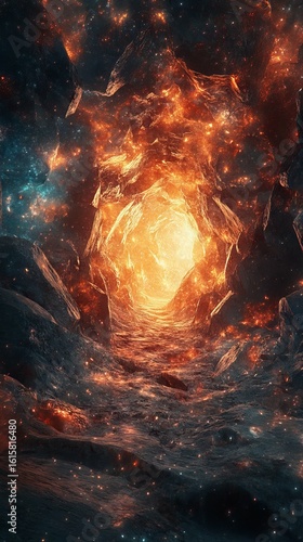 Glowing Space Cave with Cosmic Energy and Rock Formations