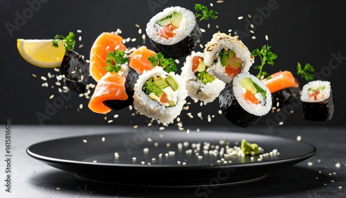 Flying sushi rolls with salmon with avocado on black plate Japanese food.