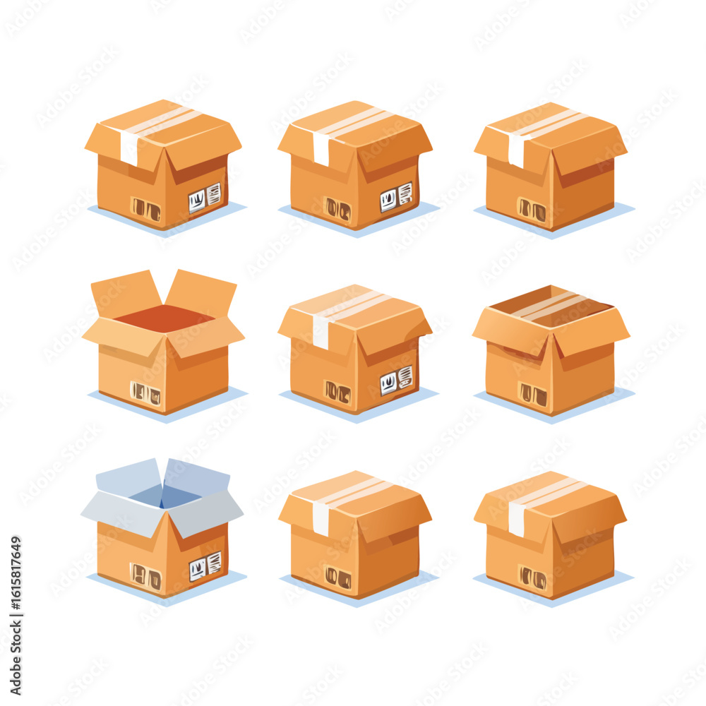 Nine isometric cardboard boxes with white tape and shipping labels shipping box package Nine isometric cardboard boxes with white tape and shipping labels shipping box package
