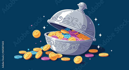 Treasure chest overflowing with gold and silver coins on dark background