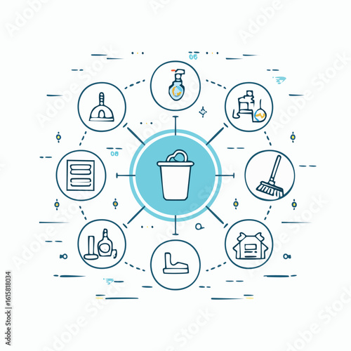 Cleaning supplies and equipment arranged in a circular infographic vector