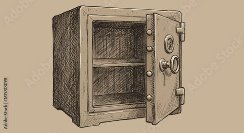 Hand drawn open safe with vintage style and detailed metal texture
