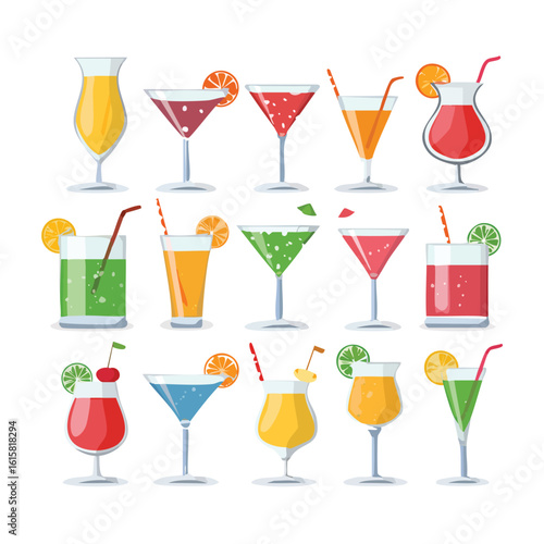 Collection of colorful fruit cocktails in various glasses with garnishes drink beverage