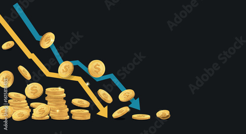 Economic downturn with declining graph and falling coins on dark background