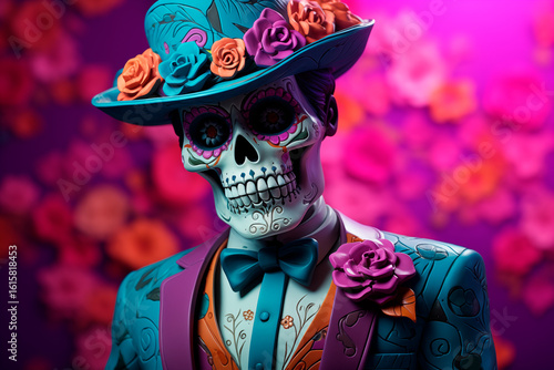 Elegant catrin skull man in a suit and hat, symbol of Mexican Day of the Dead tradition and cultural celebration, illustration