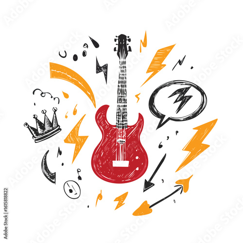 Red electric guitar surrounded by lightning bolts crown and speech bubble red guitar