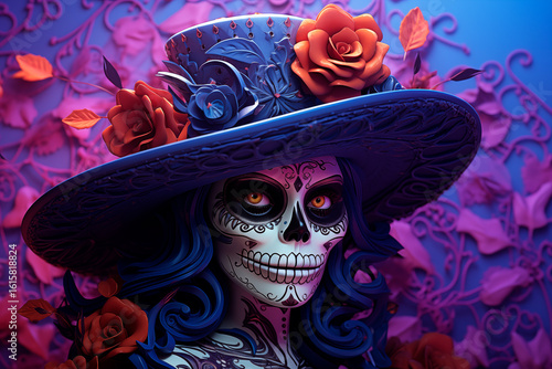 Catrina wearing a dark hat and holding Day of the Dead flowers, Mexican tradition, illustration