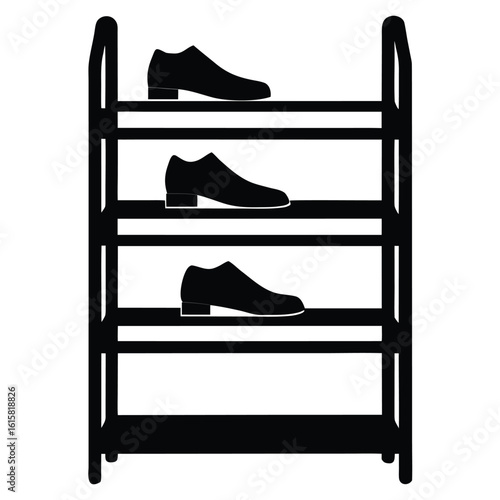 Simple black silhouette of a multi tiered shoe rack with multiple pairs of shoes on each shelf isolated on white background