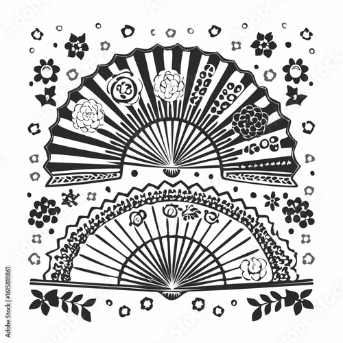 Black and white decorative fans with floral patterns and ornamental borders vector