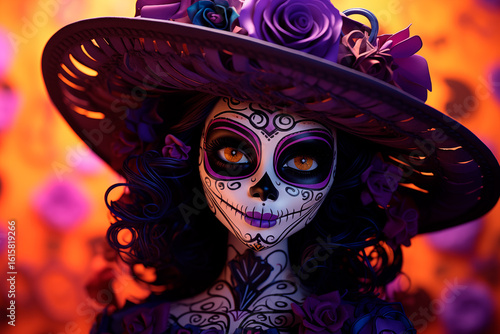 Catrina with blurred background, celebrating Mexican culture and Day of the Dead carnival, illustration