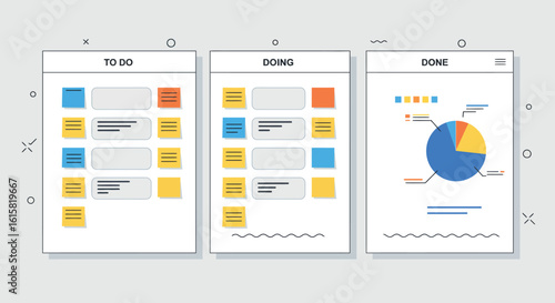 Dynamic project management process with to-do, doing, and done kanban boards in flat style