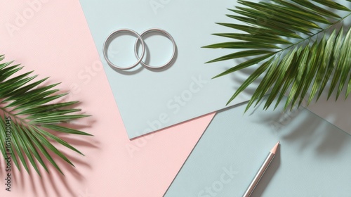 Interlocking Gold Rings with Green Leaves on Pastel Pink and Blue Background