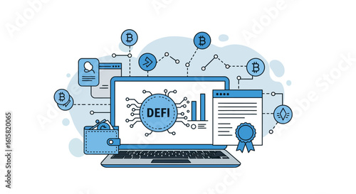 Decentralized finance concept with cryptocurrency network on laptop