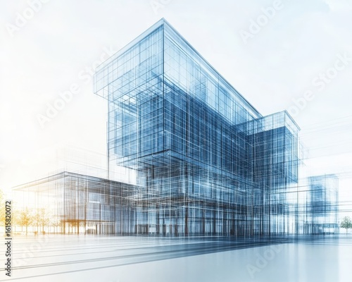 A glass building with a blueprinted image of the building