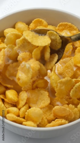 Corn flakes cereal with milk taking with spoon. Cooking traditional family breakfast dry cereal