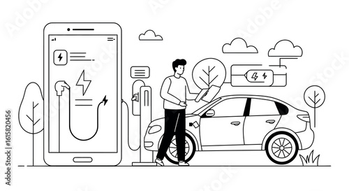 Electric vehicle charging concept with mobile app integration in linear style