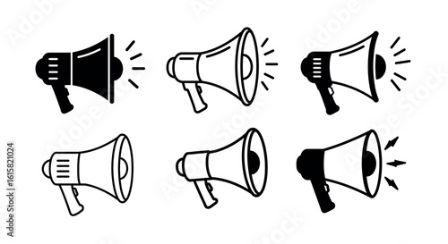 Set of six megaphone icons in minimalist black and white silhouette style