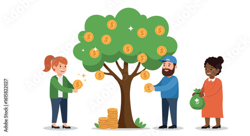 Financial growth concept: diverse people collecting money from prosperous tree