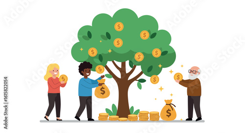 Collaborative financial growth: team collecting money from prosperous tree