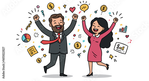 Celebration success in business with happy people and money symbols in colorful doodle art