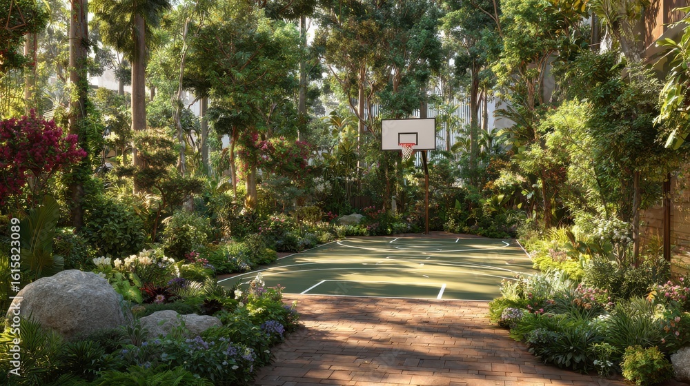 Fototapeta premium Stunning photo of outdoor Basketball Court in a Lush Garden.