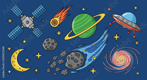 Space and Galaxy: Colorful Cartoon Illustration of Planets, Satellites, UFOs, and Stars
