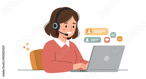 Customer support agent working online, smiling with laptop and headset