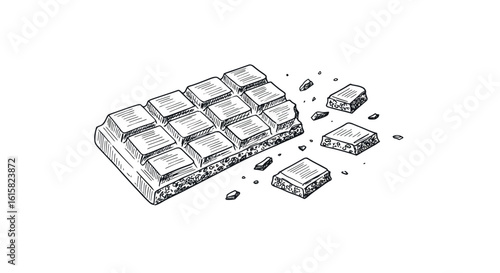 Hand drawn chocolate bar with broken pieces on white background