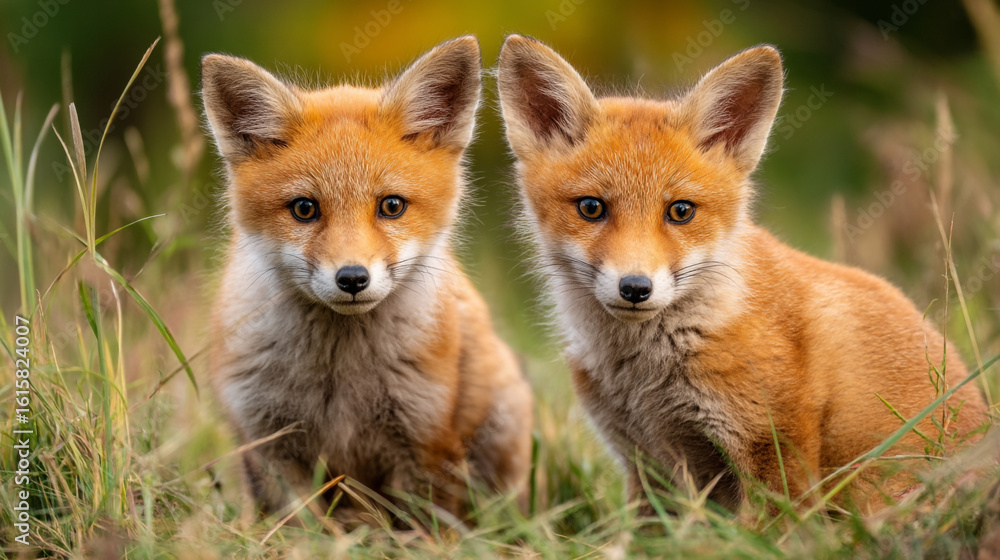 Fototapeta premium Two fox cubs sitting close together in a field of tall grass looking at the camera