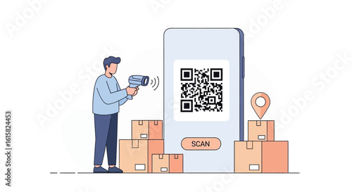 Scanning QR Code: Man Using Barcode Scanner for Package Tracking