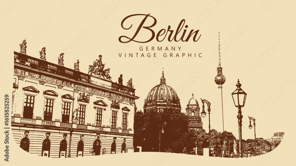 Obraz premium City ancient architecture, Berlin, Germany. Vintage brown and beige graphics, engraved, vector. Old retro design.