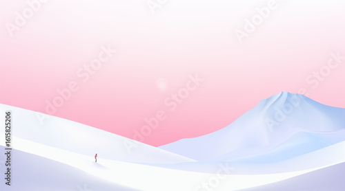 A solitary man gracefully skis through the quiet, snow-covered mountains beneath a pale pink sky.