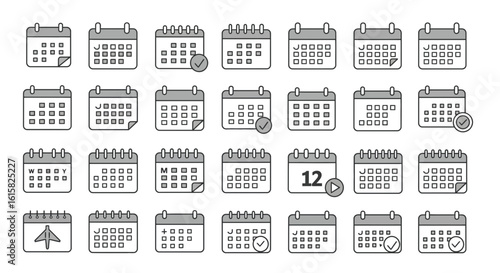 Diverse collection of calendar icons representing dates, schedules, and planning events