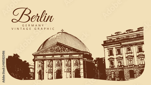 City ancient architecture, Berlin, Germany. Vintage brown and beige graphics, engraved, vector. Old retro design.