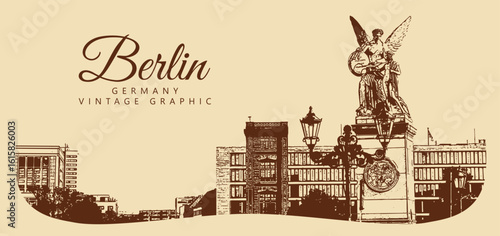 City ancient architecture, Berlin, Germany. Vintage brown and beige graphics, engraved, vector. Old retro design.