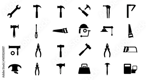 Collection of black construction and repair tools silhouette on a white background
