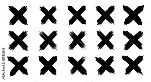 Collection of fifteen hand-drawn black cross marks, symbolizing negative or rejection signs