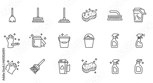Collection of minimalistic line art icons representing various cleaning tools and equipment