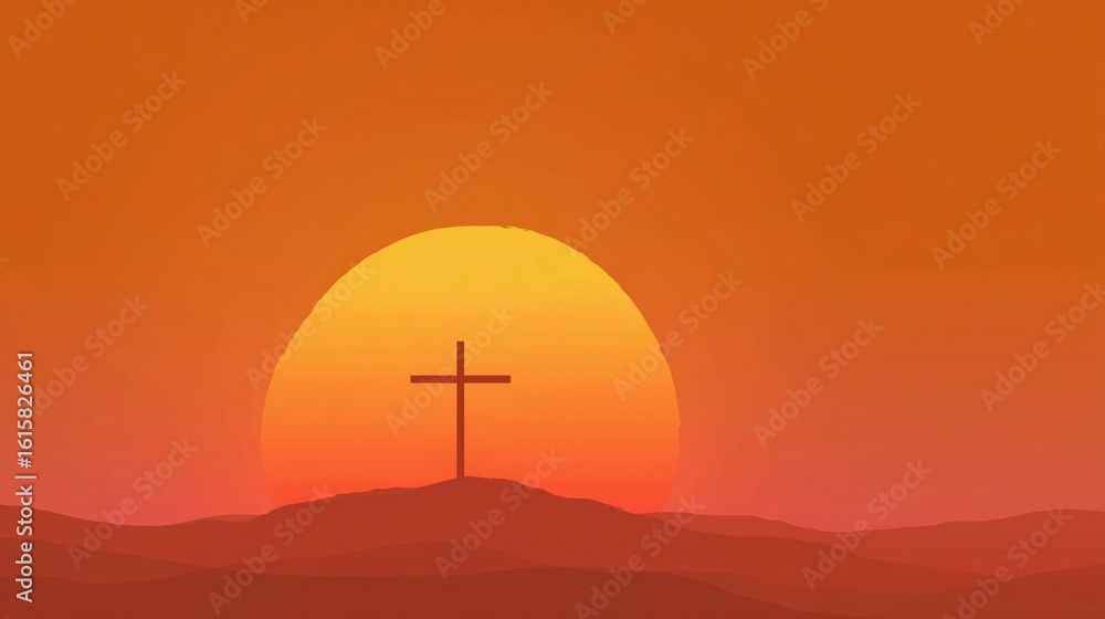Obraz premium Sunset over a hill with a cross silhouetted against an orange sky